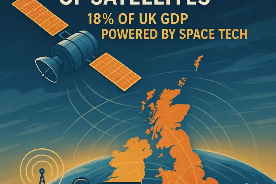 Satellite dish and digital network overlay representing UK economic growth