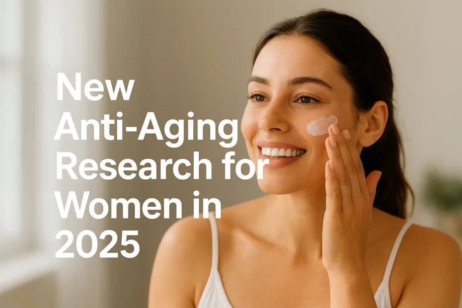 Woman smiling while applying skincare cream, symbolizing new anti-aging research and healthy skin habits